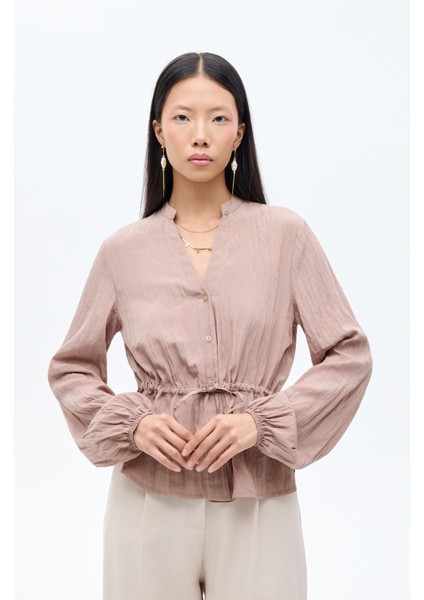 Buruşuk Dokulu Beli Bağcıklı Düğmeli Gömlek Açık Kahverengi fiyatları