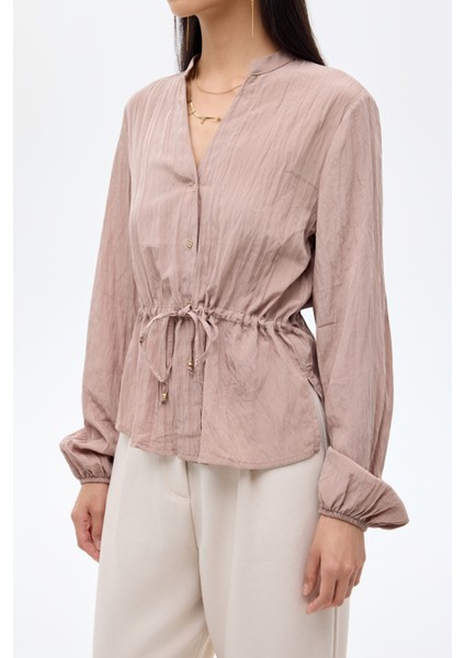 Buruşuk Dokulu Beli Bağcıklı Düğmeli Gömlek Açık Kahverengi fırsatları