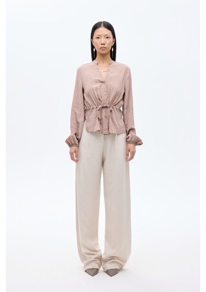 Buruşuk Dokulu Beli Bağcıklı Düğmeli Gömlek Açık Kahverengi indirimleri