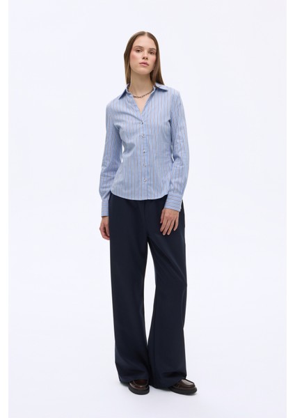 Çizgili Vücuda Oturan Klasik Gömlek Mavi fırsatları