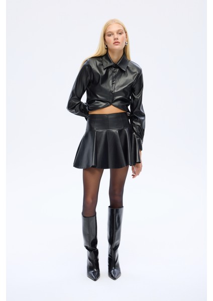 Volanlı Deri Mini Etek Siyah fiyatları