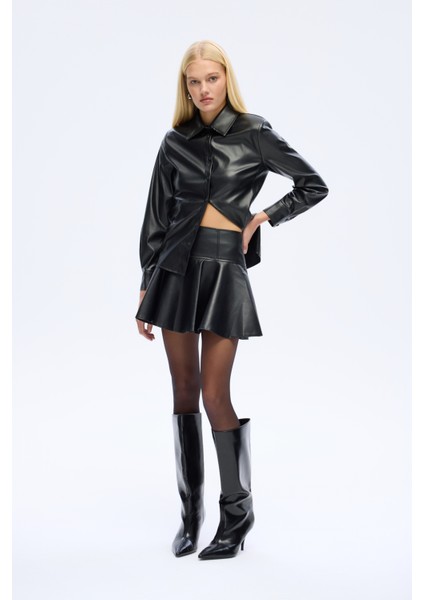 Volanlı Deri Mini Etek Siyah fırsatları