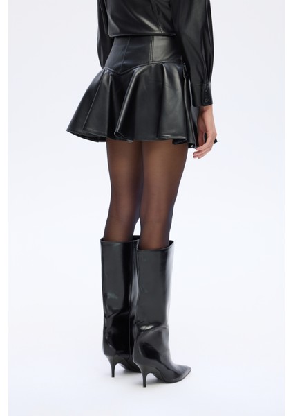 Volanlı Deri Mini Etek Siyah