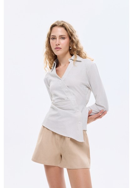 Asimetrik Düğmeli Drapeli Gömlek Ekru