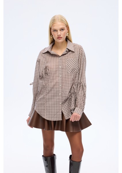 Ekose Bağcıklı Oversize Gömlek Kahverengi fiyatları