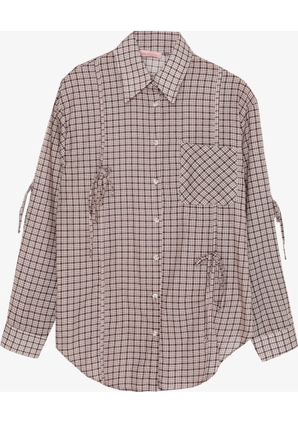 Ekose Bağcıklı Oversize Gömlek Kahverengi modelleri