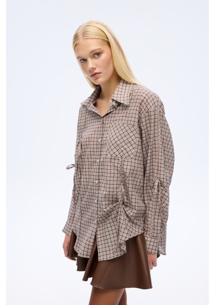 Ekose Bağcıklı Oversize Gömlek Kahverengi fırsatları