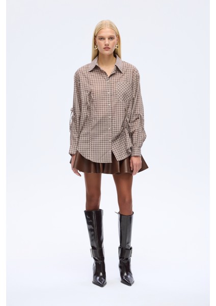 Ekose Bağcıklı Oversize Gömlek Kahverengi indirimleri