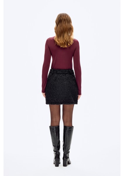 Cep Detaylı Tüylü Mini Etek Siyah