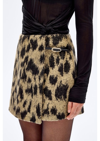 Leopar Kemer Detay Mini Etek Bej indirimleri