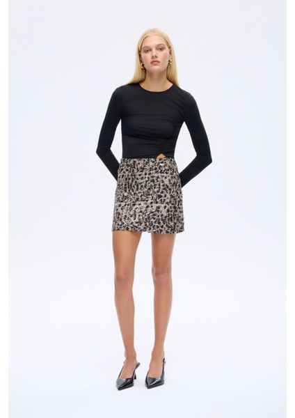 Payetli Leopar Desen Mini Etek Kahverengi fiyatları