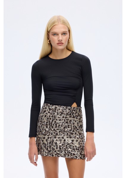 Payetli Leopar Desen Mini Etek Kahverengi fırsatları