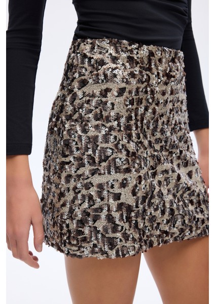 Payetli Leopar Desen Mini Etek Kahverengi indirimleri