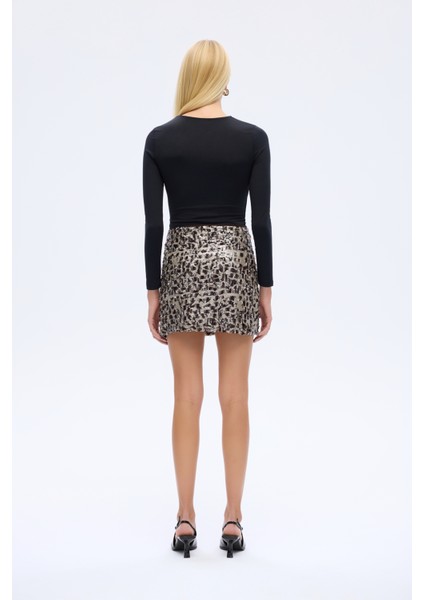 Payetli Leopar Desen Mini Etek Kahverengi