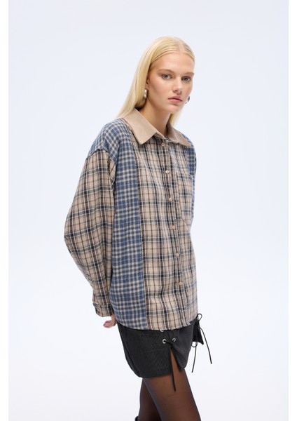 Renk Bloklu Ekose Oversize Gömlek Bej fiyatları