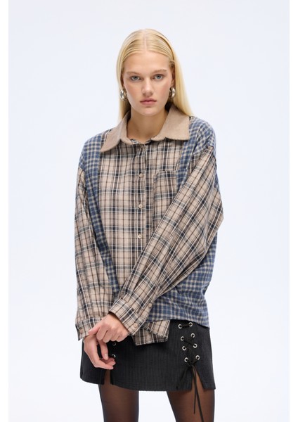 Renk Bloklu Ekose Oversize Gömlek Bej fırsatları