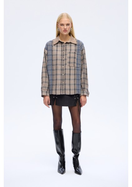 Renk Bloklu Ekose Oversize Gömlek Bej indirimleri