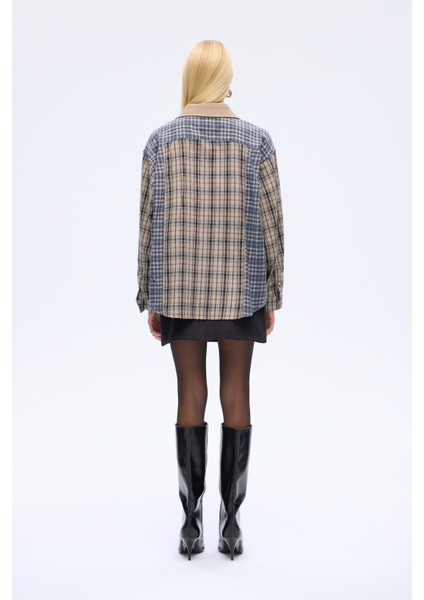 Renk Bloklu Ekose Oversize Gömlek Bej