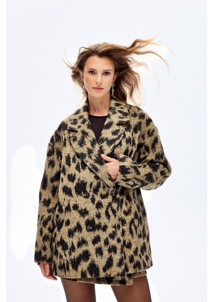 Leopar Desenli Oversize Kruvaze Kaban Bej fiyatları