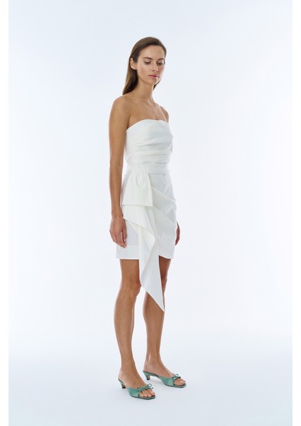 Drape Detaylı Straplez Mini Elbise Ekru