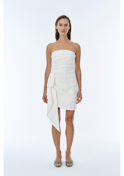 Drape Detaylı Straplez Mini Elbise Ekru