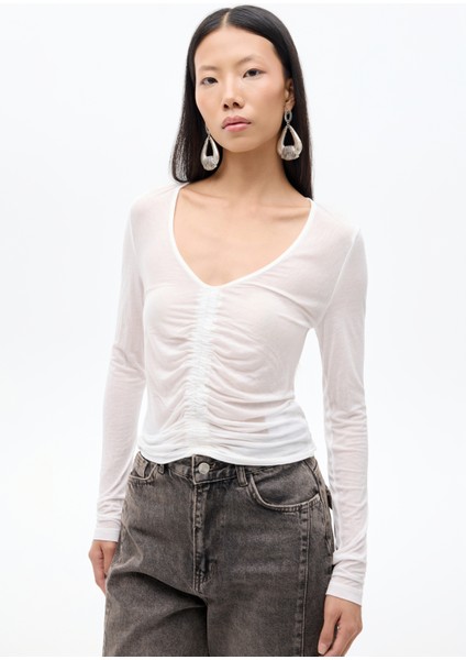 Önü Büzgülü V Yaka Transparan Bluz Ekru fiyatları