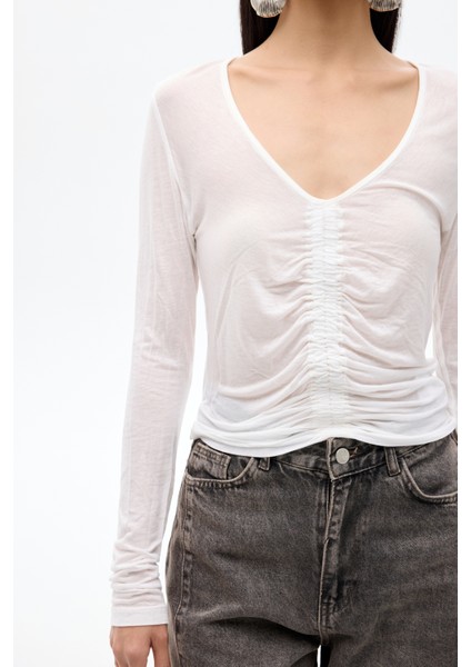 Önü Büzgülü V Yaka Transparan Bluz Ekru indirimleri