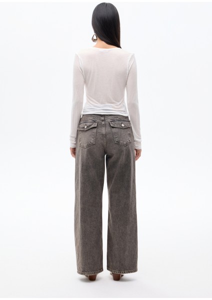 Önü Büzgülü V Yaka Transparan Bluz Ekru