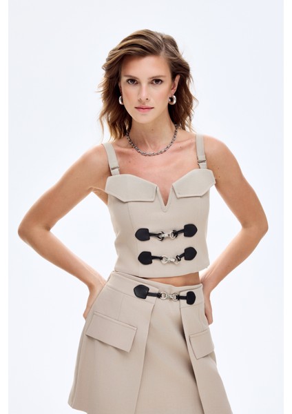 Toka Aksesuarlı Askılı Büstiyer Bluz Bej fiyatları