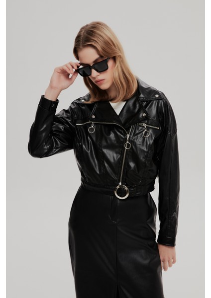 Biker Cepli Deri Ceket Siyah