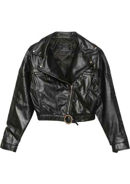 Biker Cepli Deri Ceket Siyah