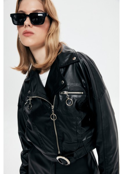 Biker Cepli Deri Ceket Siyah