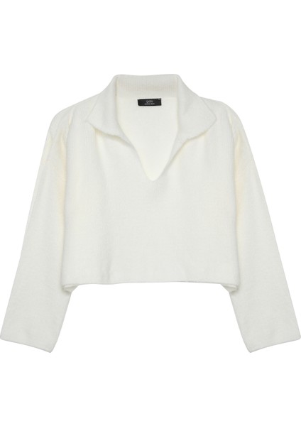 Gömlek Yaka Crop Kazak Ekru