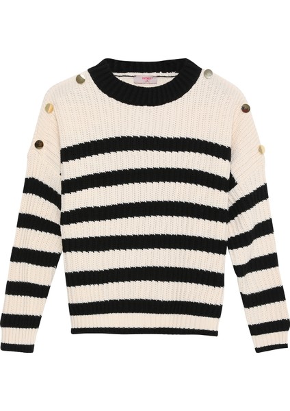 Omzu Düğmeli Çizgili Kazak Siyah