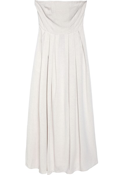 Straplez Detaylı Uzun Keten Elbise Naturel