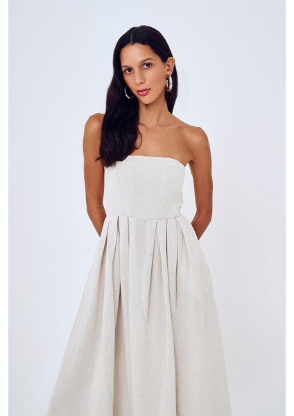 Straplez Detaylı Uzun Keten Elbise Naturel