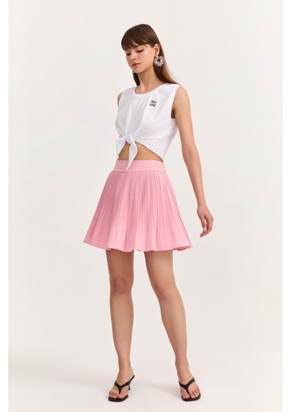 Pile Detaylı Beli Lastikli Basic Mini Etek Pembe