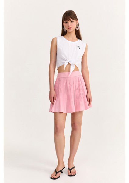 Pile Detaylı Beli Lastikli Basic Mini Etek Pembe
