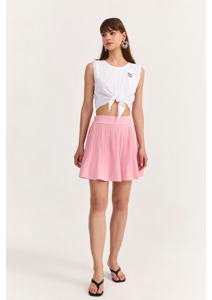 Pile Detaylı Beli Lastikli Basic Mini Etek Pembe