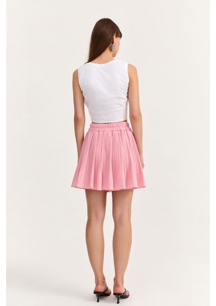 Pile Detaylı Beli Lastikli Basic Mini Etek Pembe