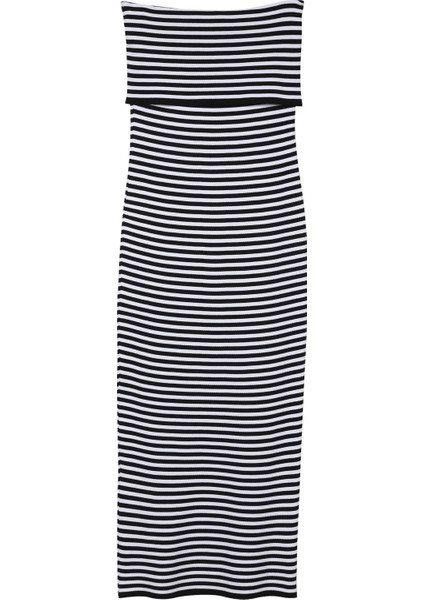 Straplez Detaylı Triko Uzun Elbise Siyah