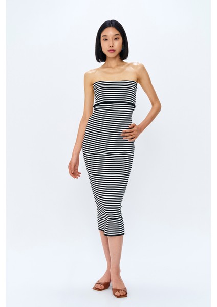 Straplez Detaylı Triko Uzun Elbise Siyah