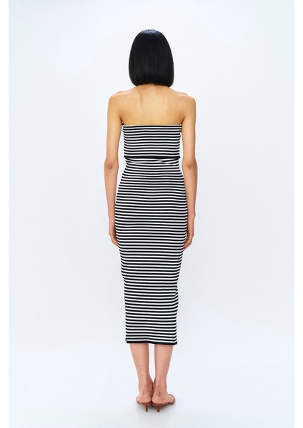 Straplez Detaylı Triko Uzun Elbise Siyah