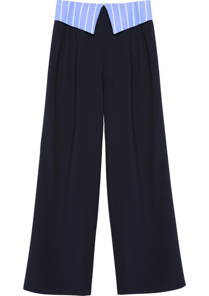 Bel Detaylı Bol Paça Kumaş Pantolon Lacivert