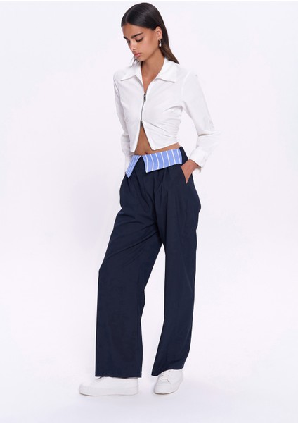 Bel Detaylı Bol Paça Kumaş Pantolon Lacivert