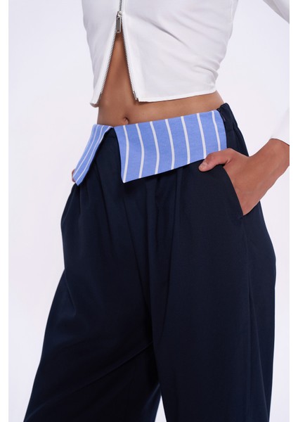 Bel Detaylı Bol Paça Kumaş Pantolon Lacivert