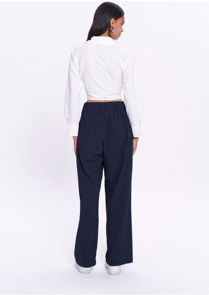 Bel Detaylı Bol Paça Kumaş Pantolon Lacivert