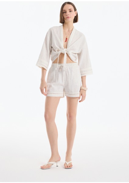 Beli Lastikli Şeritli Dokulu Mini Şort Naturel