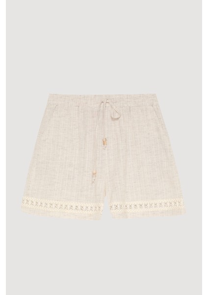 Beli Lastikli Şeritli Dokulu Mini Şort Naturel