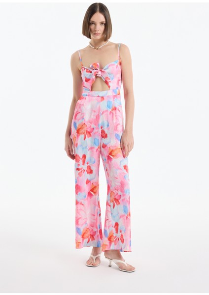 Bağlama Detaylı Çiçek Desenli Askılı Uzun Tulum Pembe